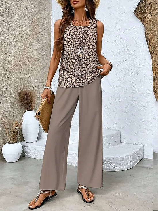 Damen Geometrisch Rundhals Ärmellos Bequem Lässig Print Bluse mit Hose Zweiteiliges Set