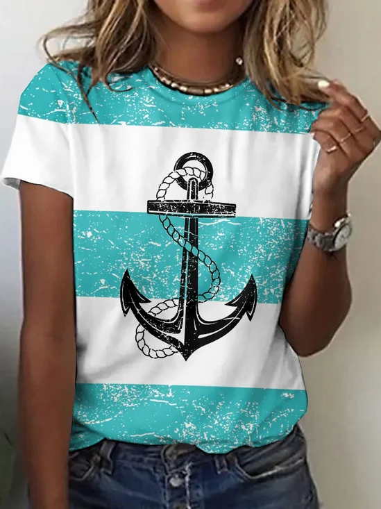Lässig Gestreift Rundhals Kurzarm T-Shirt