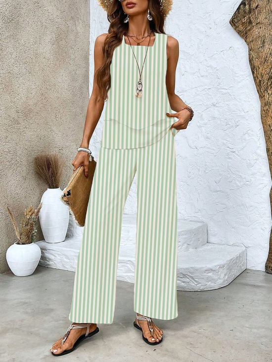Damen Gestreift Rundhals Ärmellos Bequem Lässig Print Bluse mit Hose Zweiteiliges Set