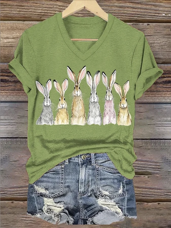 Lässig Tier V-Ausschnitt Kurzarm T-Shirt