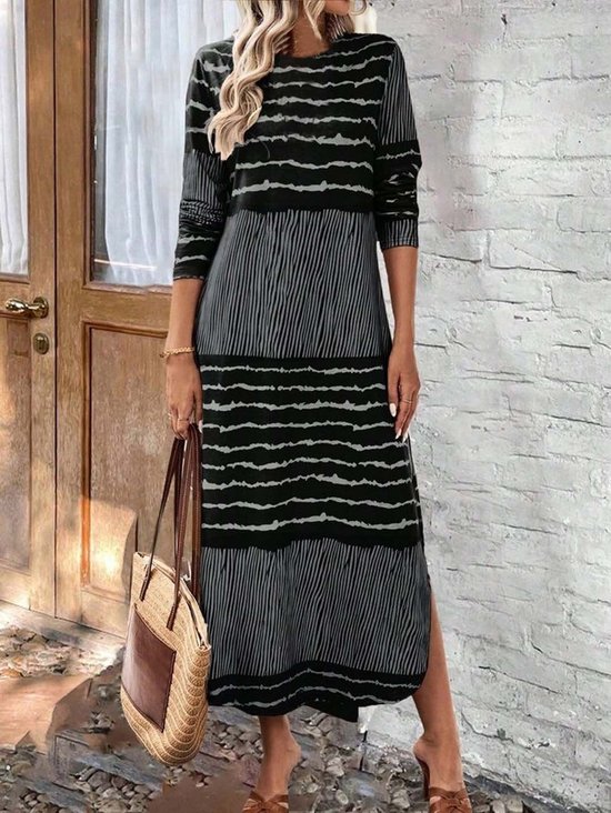 Damen Gestreift Frühling/Herbst Kleid Rundhals Langarm T-Shirt-Kleid H-Linie Kleid