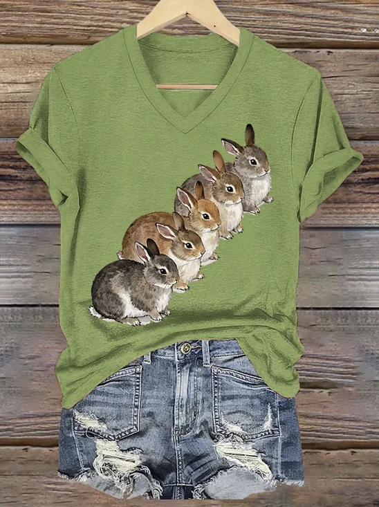 Lässig Tier V-Ausschnitt Kurzarm T-Shirt