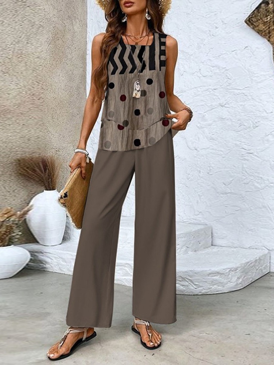 Damen Geometrisch Rundhals Ärmellos Bequem Lässig Print Bluse mit Hose Zweiteiliges Set