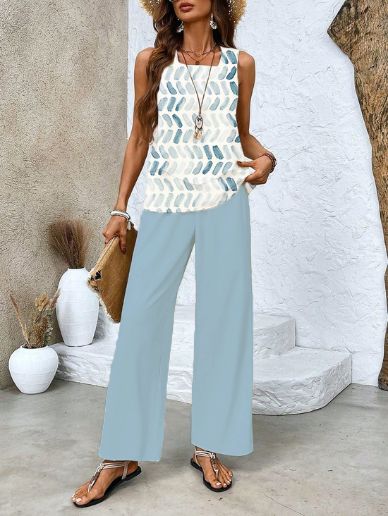 Damen Geometrisch Rundhals Ärmellos Bequem Lässig Print Bluse mit Hose Zweiteiliges Set