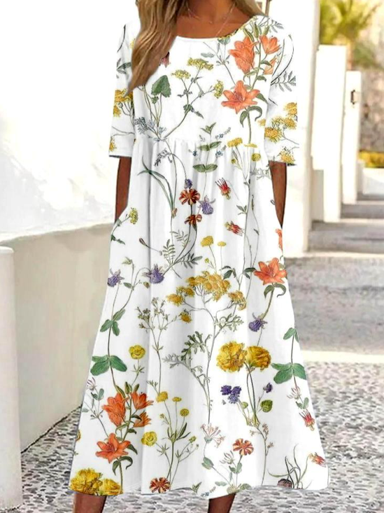 Damen Geblümt Rundhals Halbarm Bequem Retro Maxikleid