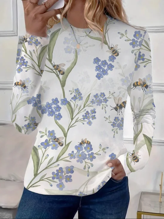 Lässig Geblümt Rundhals Langarm T-Shirt