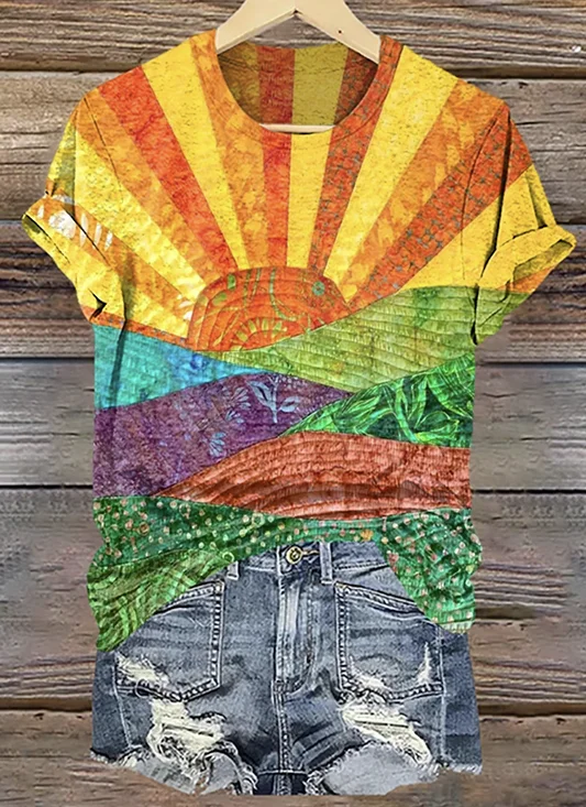 Retro Geometrisch Rundhals Kurzarm T-Shirt