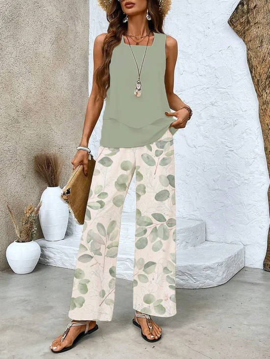 Damen Geblümt Rundhals Ärmellos Bequem Lässig Bluse mit Hose Zweiteiliges Set
