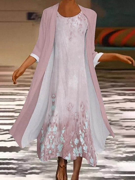 Damen Geblümt Rundhals Dreiviertelärmel Bequem Lässig Print Kleid mit Mantel Zweiteiliges Set