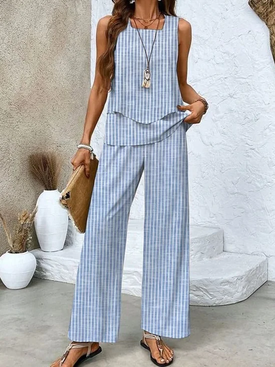 Damen Gestreift Rundhals Ärmellos Bequem Lässig Bluse mit Hose Zweiteiliges Set