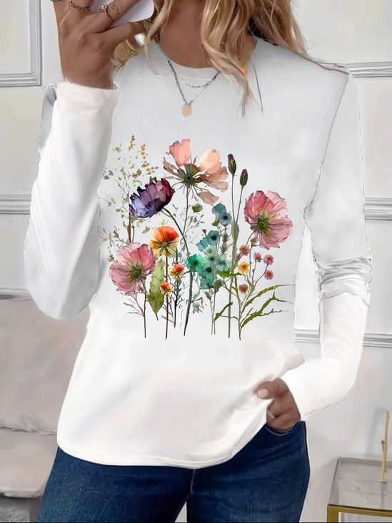 Lässig Geblümt Rundhals Langarm T-Shirt