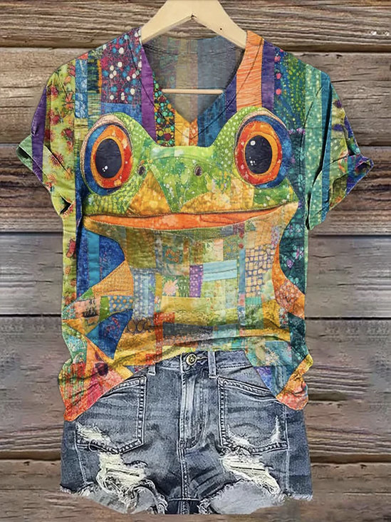 Lässig Tier V-Ausschnitt Kurzarm T-Shirt