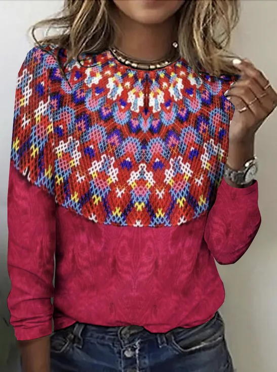 Lässig Geometrisch Rundhals Langarm T-Shirt
