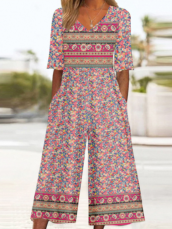 Damen Halbarm V-Ausschnitt Weit Knöchelhose Täglich Retro Ethnisch Normal T-Shirt Jumpsuit