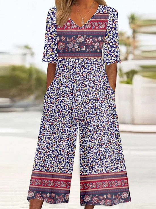 Damen Halbarm V-Ausschnitt Weit Knöchelhose Täglich Retro Ethnisch Normal T-Shirt Jumpsuit