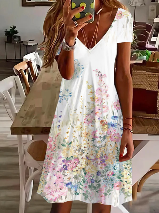 Damen Geblümt V-Ausschnitt Kurzarm Bequem Lässig Print Knielänge Kleid