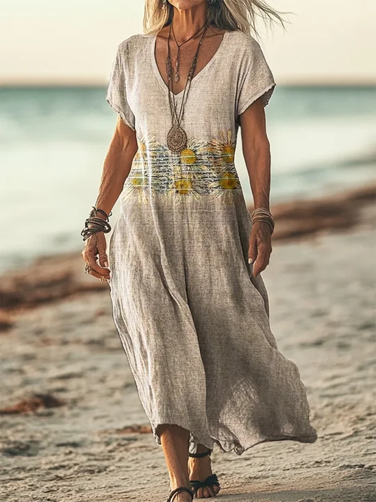 Damen Geblümt V-Ausschnitt Kurzarm Bequem Lässig Print Maxikleid