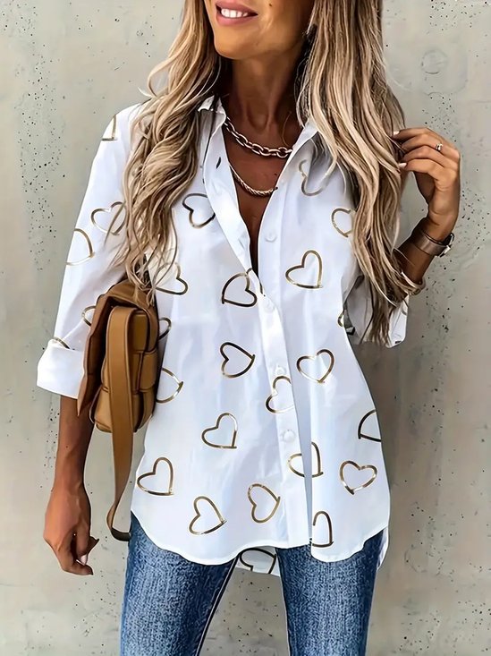 Hemdkragen Langarm Herz/Herz Print Regelmäßig Weit Knopfhemd Bluse für Damen