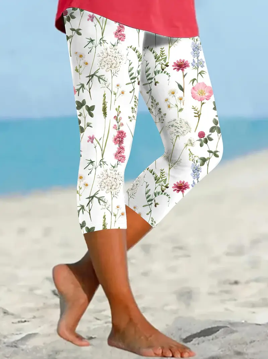 Lässig Geblümt Caprihosen Elastische Taille Print Hose