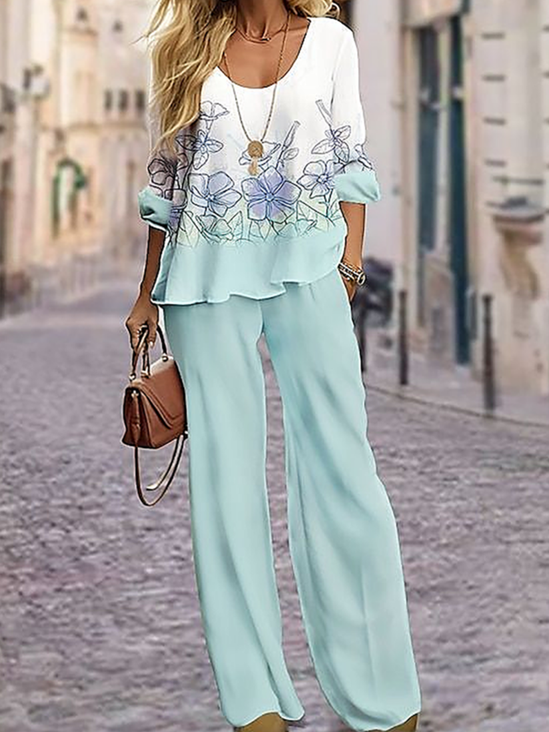 Damen Geblümt Rundhals Langarm Bequem Lässig Print Bluse mit Hose Zweiteiliges Set