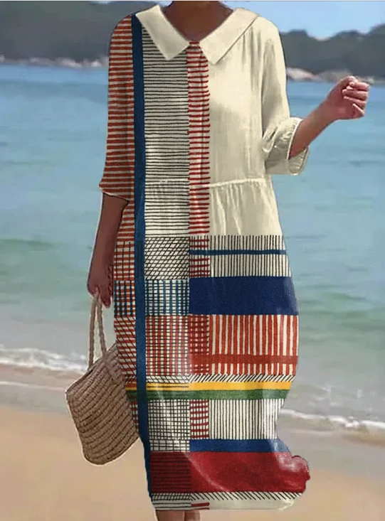 Damen Geometrisch Rundhals Halbarm Bequem Lässig Maxikleid