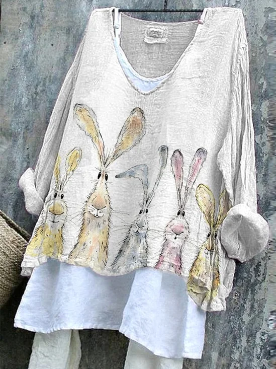 V-Ausschnitt Langarm OSTERN (Kaninchen) Print Regelmäßig Mikroelastizität Weit T-Shirt mit Grafik Bluse_ für Damen