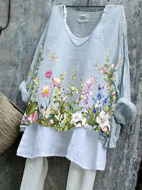 V-Ausschnitt Langarm Geblümt Print Regelmäßig Mikroelastizität Weit T-Shirt mit Grafik Bluse_ für Damen
