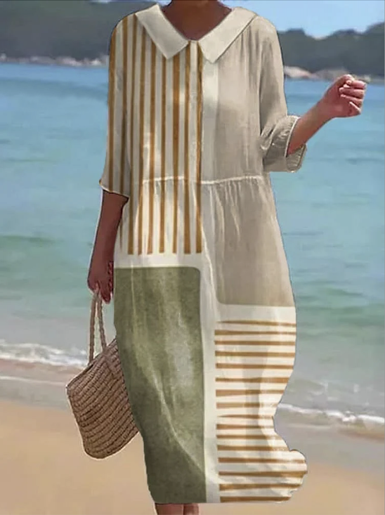 Damen Geometrisch Rundhals Halbarm Bequem Lässig Maxikleid