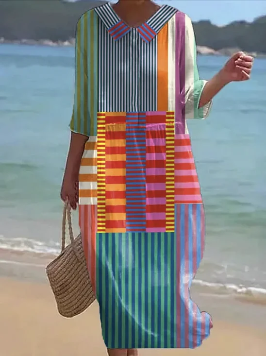 Damen Geometrisch Rundhals Halbarm Bequem Lässig Maxikleid