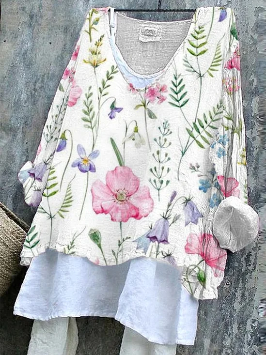 V-Ausschnitt Langarm Geblümt Print Regelmäßig Mikroelastizität Weit T-Shirt mit Grafik Bluse_ für Damen