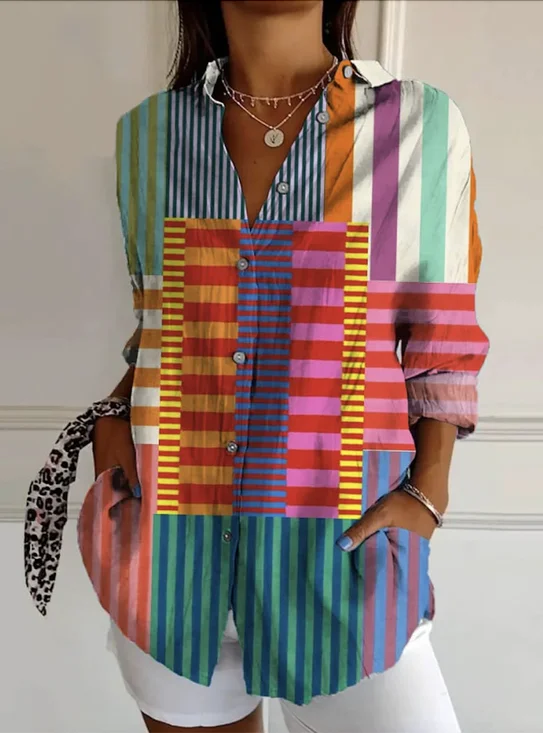 Hemdkragen Langarm Geometrisch Regelmäßig Mikroelastizität Regelmäßige Passform Bluse für Damen