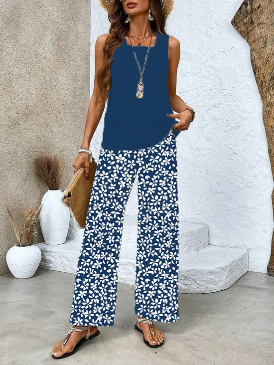 Damen Geblümt Rundhals Ärmellos Bequem Lässig Print Bluse mit Hose Zweiteiliges Set