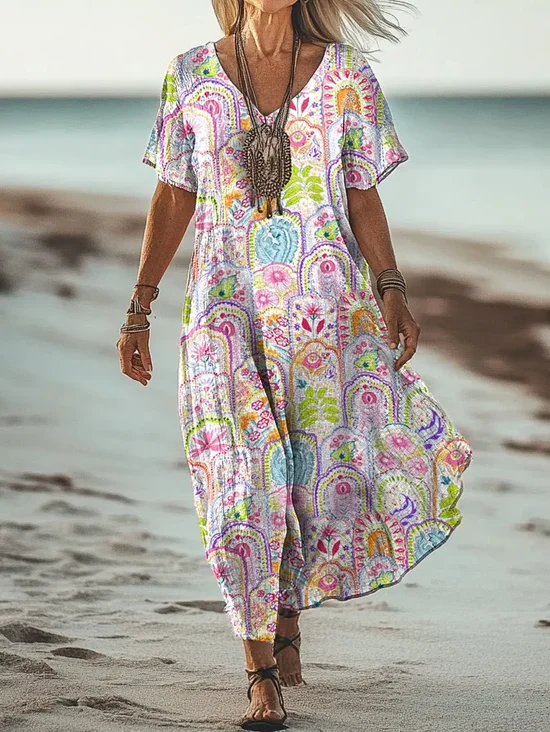 Damen Paisley V-Ausschnitt Kurzarm Bequem Retro Maxikleid
