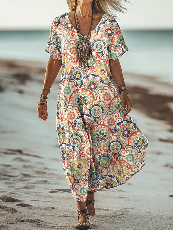 Damen Paisley V-Ausschnitt Kurzarm Bequem Retro Maxikleid