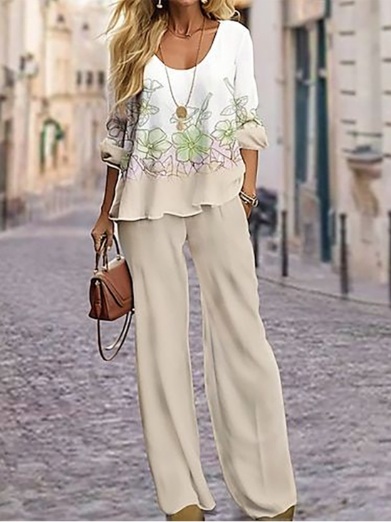 Damen Geblümt Rundhals Langarm Bequem Lässig Print Bluse mit Hose Zweiteiliges Set