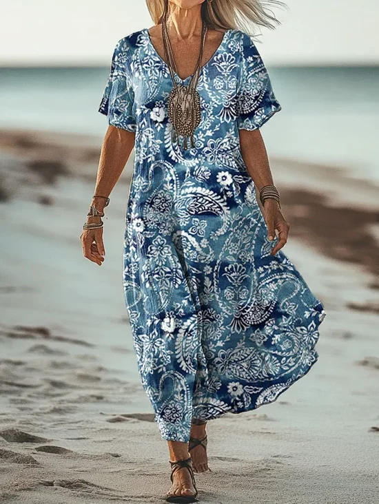 Damen Paisley V-Ausschnitt Kurzarm Bequem Retro Maxikleid