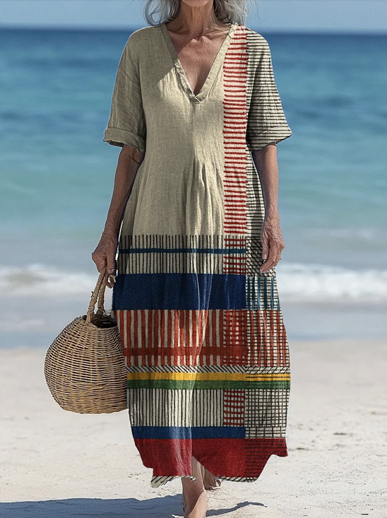 Damen Geometrisch V-Ausschnitt Kurzarm Bequem Lässig Maxikleid