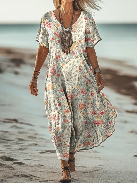 Damen Paisley V-Ausschnitt Kurzarm Bequem Retro Maxikleid