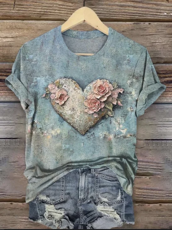 Lässig Geblümt Rundhals Kurzarm T-Shirt