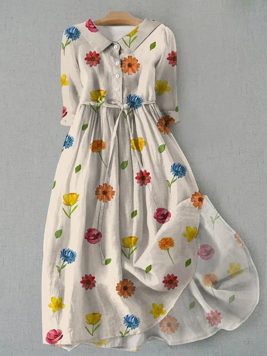 Damen Geblümt Hemdkragen Kurzarm Bequem Retro Maxikleid
