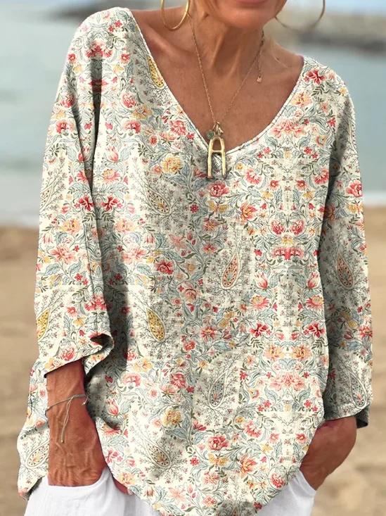 Lässig Paisley V-Ausschnitt Langarm T-Shirt