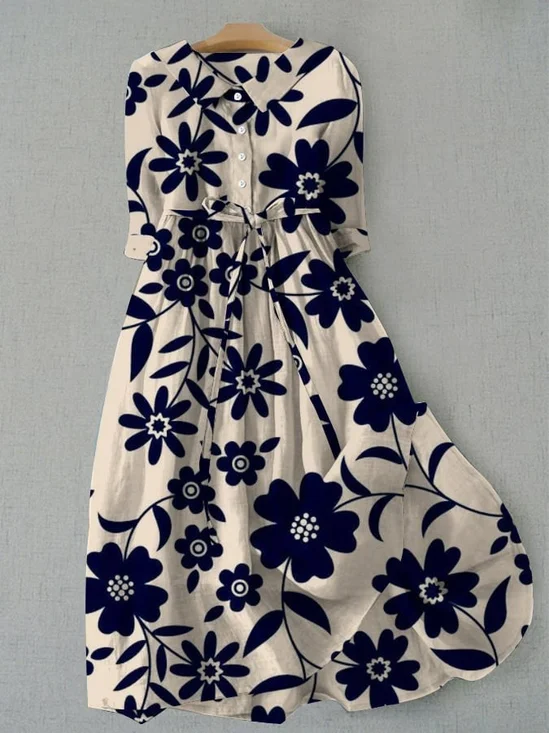Damen Geblümt Hemdkragen Kurzarm Bequem Retro Maxikleid