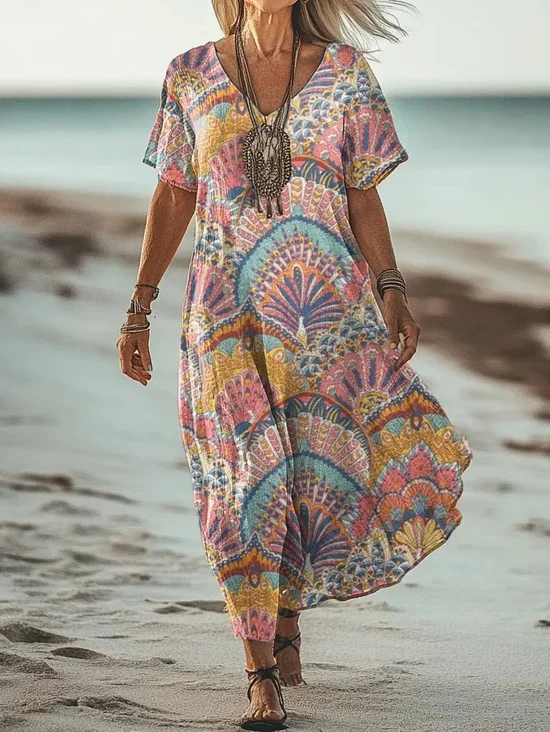 Damen Geometrisch V-Ausschnitt Kurzarm Bequem Retro Maxikleid
