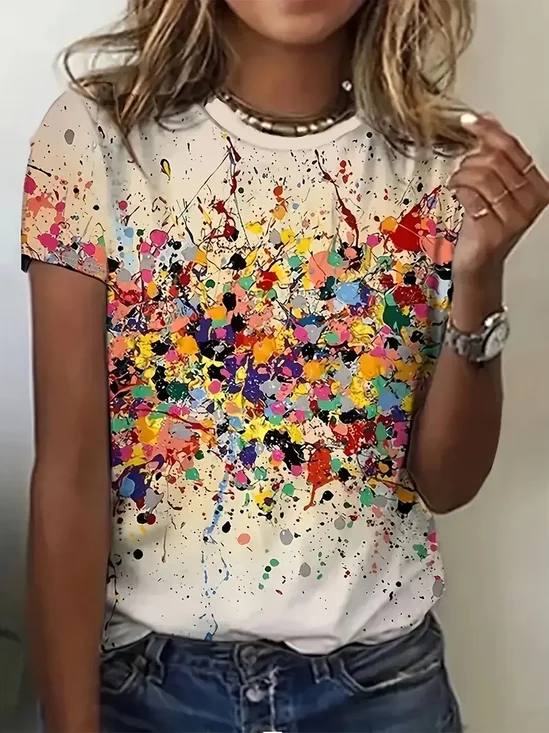 Lässig Farbblock Rundhals Kurzarm T-Shirt
