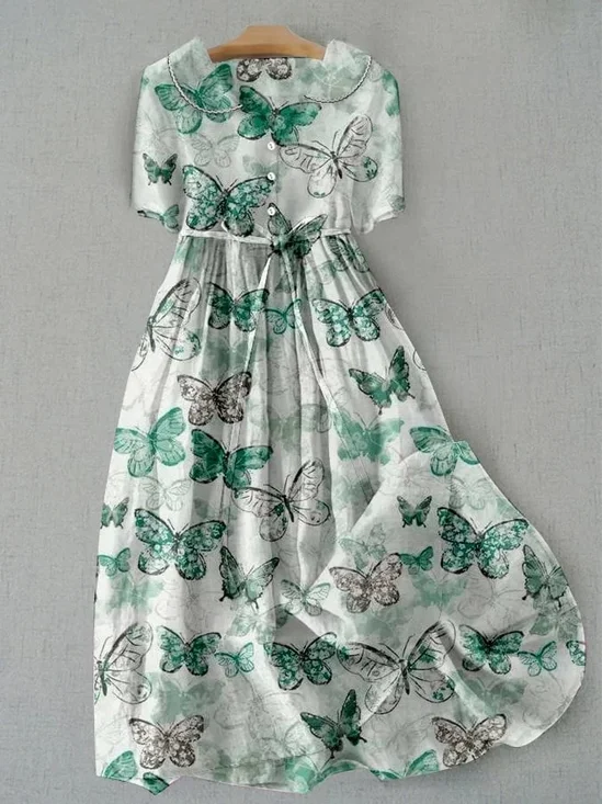 Damen Schmetterling Hemdkragen Kurzarm Bequem Retro Maxikleid