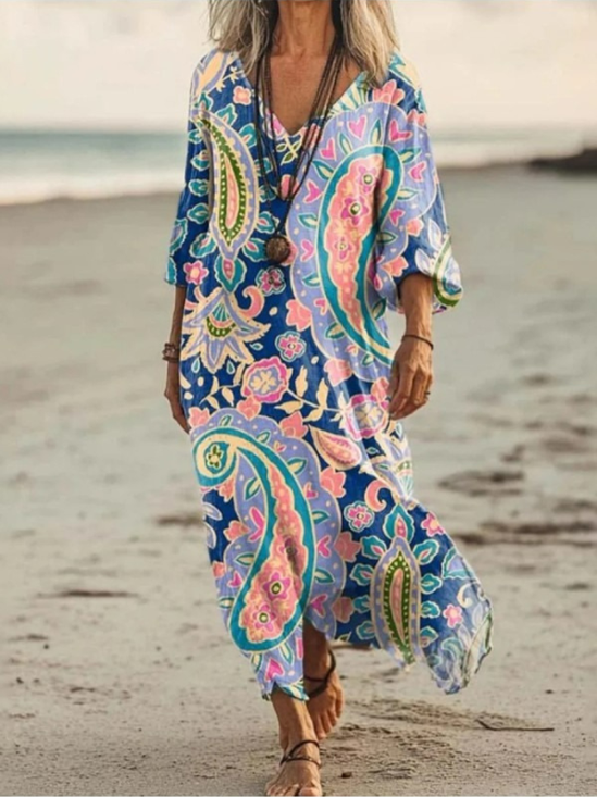 Damen Paisley V-Ausschnitt Langarm Bequem Retro Maxikleid