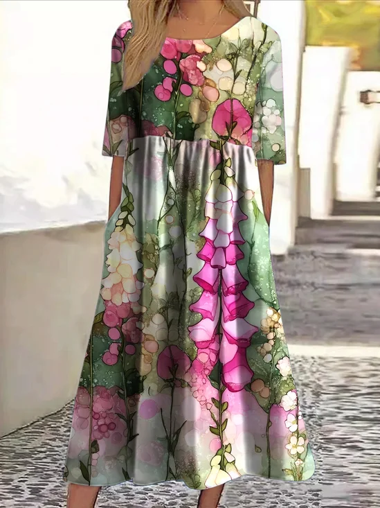 Damen Geblümt Rundhals Kurzarm Bequem Lässig Maxikleid