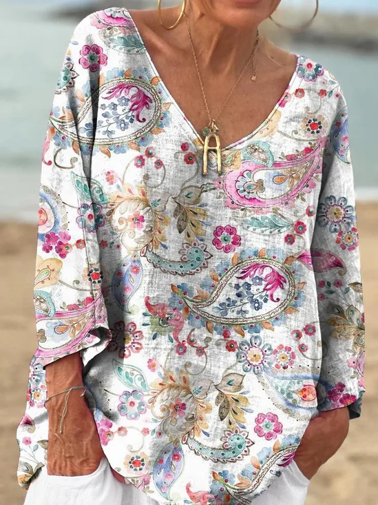 Lässig Paisley V-Ausschnitt Langarm T-Shirt