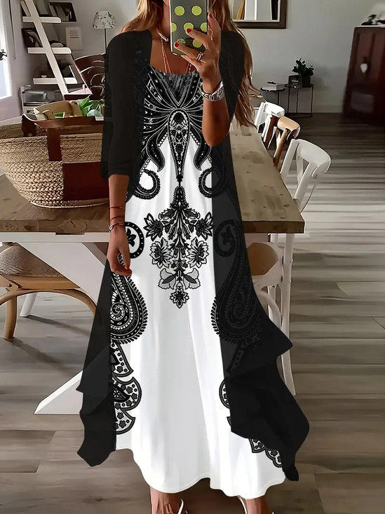 Damen Geblümt Rundhals Dreiviertelärmel Bequem Lässig Print Kleid mit Mantel Zweiteiliges Set