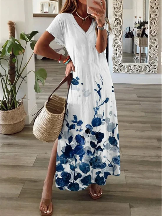 Damen Geblümt V-Ausschnitt Kurzarm Bequem Lässig Print Maxikleid